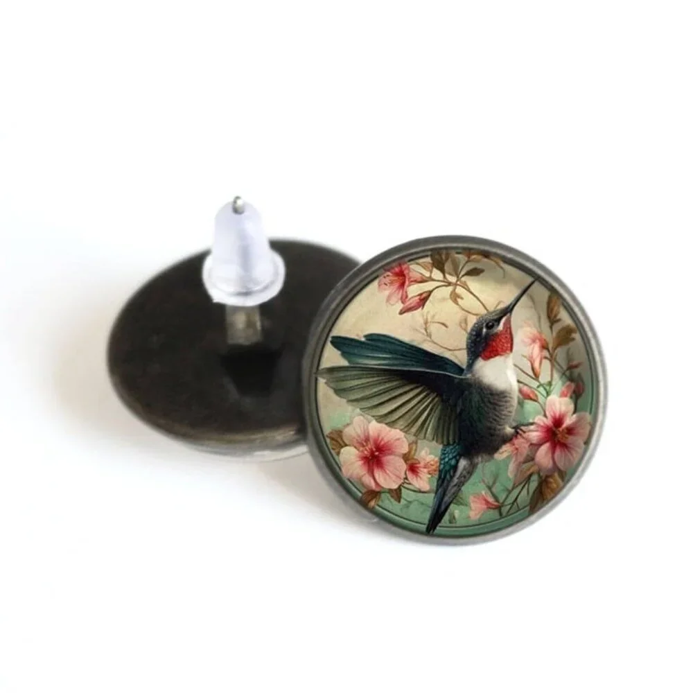 Hummingbird Stud‎ Earrings - Antique Bronze Vintage Art Nouveau Bird Jewelry